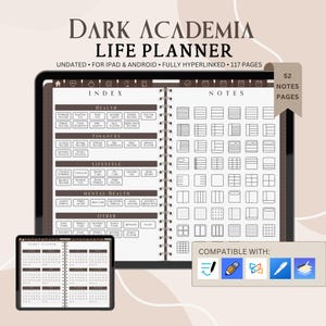 Puede incluir: Un planificador de vida digital con temática de academia oscura. El planificador no tiene fecha, está totalmente vinculado y es compatible con dispositivos iPad y Android. Incluye secciones para salud, finanzas, estilo de vida, salud mental y notas. El planificador tiene 117 páginas y 52 páginas de notas.