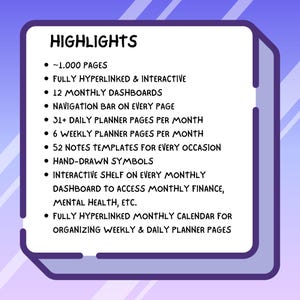 Pu&ograve; includere: Grafico dei punti salienti di un planner digitale, con sfondo bianco e bordo viola. Il testo include "HIGHLIGHTS" e punti elenco che descrivono funzionalit&agrave; come 1.000 pagine, elementi interattivi e dashboard mensili.