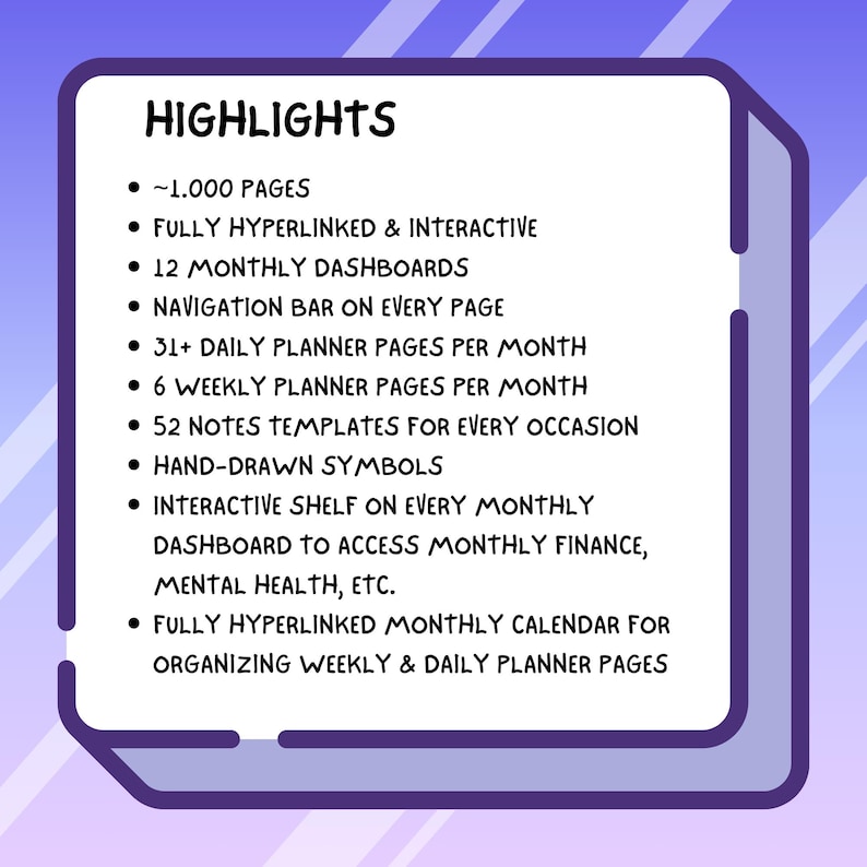 Pu&ograve; includere: Grafico dei punti salienti di un planner digitale, con sfondo bianco e bordo viola. Il testo include "HIGHLIGHTS" e punti elenco che descrivono funzionalit&agrave; come 1.000 pagine, elementi interattivi e dashboard mensili.