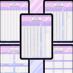 Pu&ograve; includere: Una raccolta di modelli di pianificatore digitale visualizzati su tablet. I modelli includono sezioni per la salute e il fitness, le finanze, la salute mentale e lo stile di vita, il tutto con una combinazione di colori viola e bianco. Ogni modello &egrave; etichettato con il mese di dicembre.