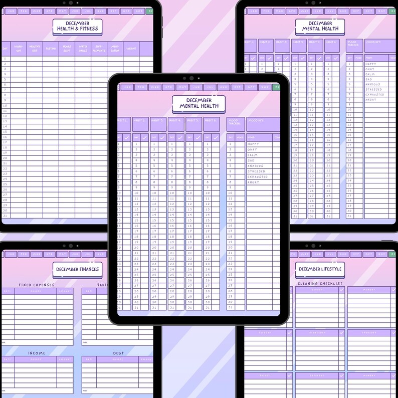 Pu&ograve; includere: Una raccolta di modelli di pianificatore digitale visualizzati su tablet. I modelli includono sezioni per la salute e il fitness, le finanze, la salute mentale e lo stile di vita, il tutto con una combinazione di colori viola e bianco. Ogni modello &egrave; etichettato con il mese di dicembre.
