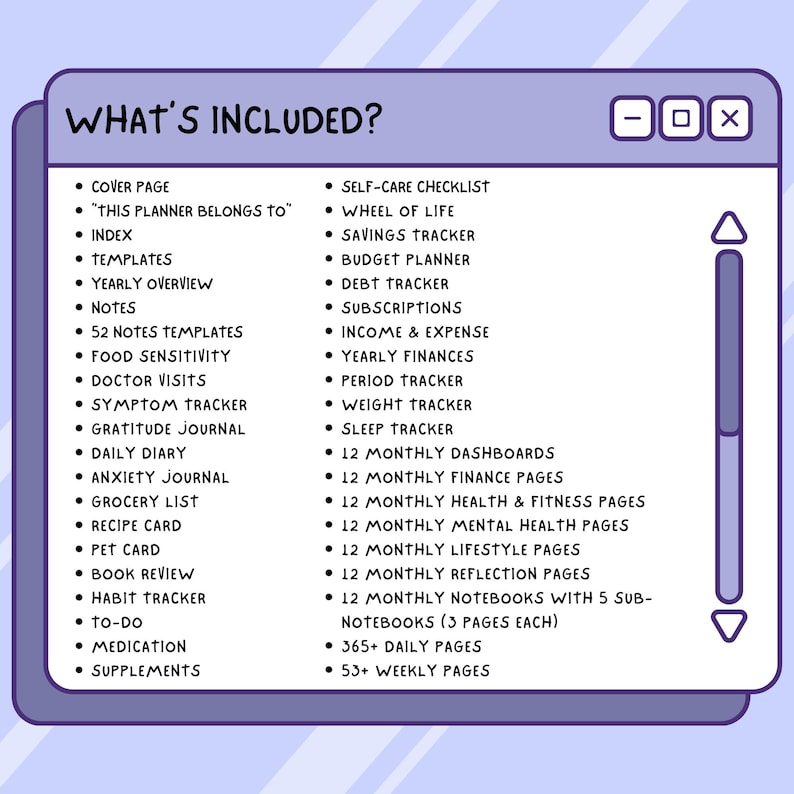 Pu&ograve; includere: Un'interfaccia di pianificazione digitale con una cornice viola e testo bianco. Il testo recita "WHAT'S INCLUDED?" seguito da un elenco di funzionalit&agrave; come "Cover Page", "Index", "Daily Diary", "Budget Planner" e "Sleep Tracker".