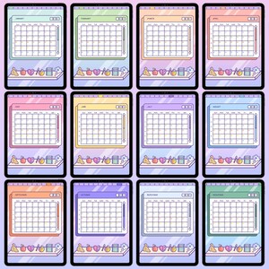 Pu&ograve; includere: Un planner digitale con dodici layout di calendario mensili, ciascuno con una combinazione di colori pastello unica. Ogni mese &egrave; visualizzato su un tablet con elementi decorativi sottostanti, tra cui frutta e piccoli oggetti. I mesi vanno da gennaio a dicembre.