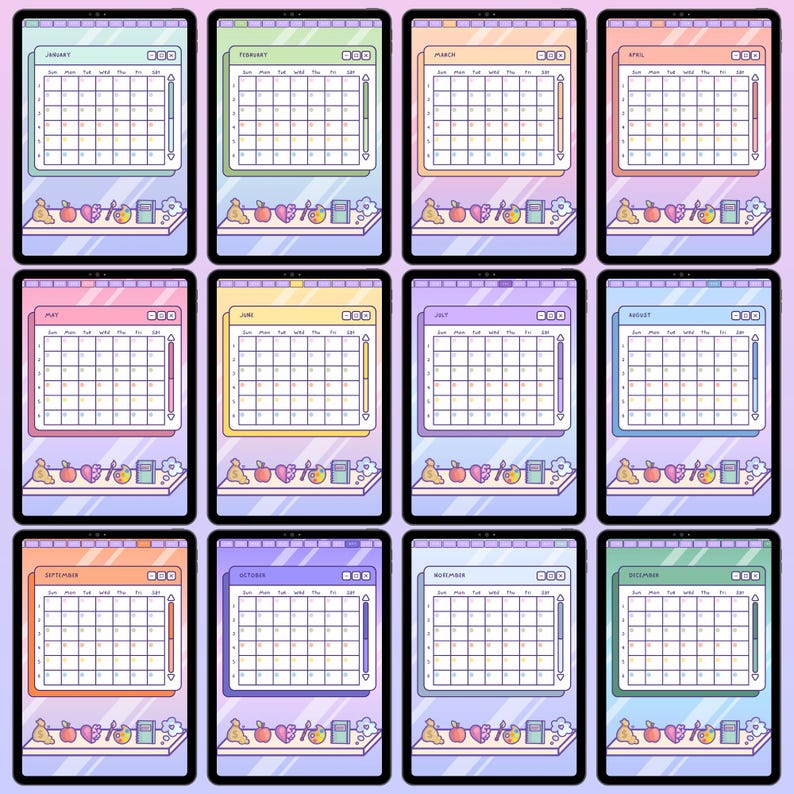 Pu&ograve; includere: Un planner digitale con dodici layout di calendario mensili, ciascuno con una combinazione di colori pastello unica. Ogni mese &egrave; visualizzato su un tablet con elementi decorativi sottostanti, tra cui frutta e piccoli oggetti. I mesi vanno da gennaio a dicembre.
