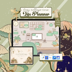 Könnte beinhalten: Ein digitaler Lebensplaner mit einem gemütlichen Cottage-Core-Thema. Der Planer zeigt ein Desktop-Design mit einem Computer, einem Schreibtisch und verschiedenen Symbolen zur Organisation. Das Bild enthält den Text "Cozy cottage-core Life Planner" und "117 Hyper-linked Pages."