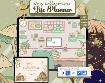 Cozy Cottagecore All In One Digital Planner Undated Hyperlinked Whimsical Organizer GoodNotes Notability Xodo iPad Planner Interactive Desk