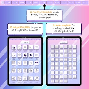 Pu&ograve; includere: Planner digitale con due tablet che mostrano modelli e note. La parte superiore dell'immagine mostra un calendario mensile. I tablet presentano icone per varie esigenze di pianificazione, tra cui cibo, visite mediche e finanze. Il testo include "12 Dashboard mensili", "25 modelli unici" e "52 modelli di note".