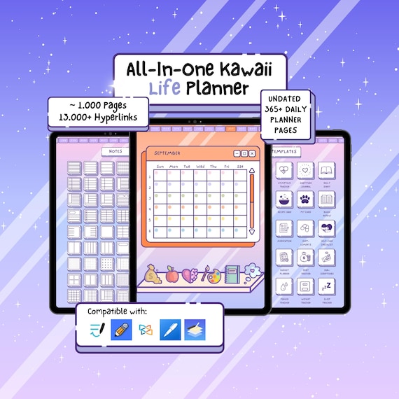 Interactive Digital Life Planner Kawaii Cute Cozy Undated iPad Android Tablet Organizer 2025 2026 Calendar All-in-One Daily Weekly Monthly