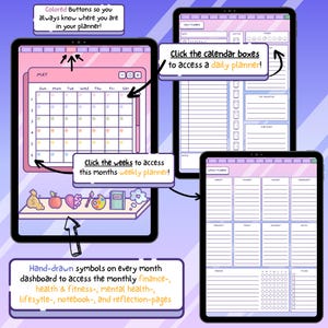 Pu&ograve; includere: Interfaccia di pianificazione digitale su un tablet, con uno schema di colori rosa e viola. Lo schermo mostra layout di calendario, settimanali e giornalieri. Il testo include "Colored Buttons", "Click the calendar boxes", e "Hand-drawn symbols".