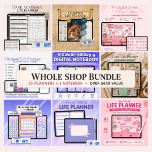 May include: A digital planner bundle featuring 25 planners and 1 notebook with various themes including Dark Academia, Gamified, Weight Loss, Kawaii Galaxy, and Cozy Life. The collection displays multiple tablet screens showing index pages, calendars, and interactive desk layouts with text labels for each planner type.