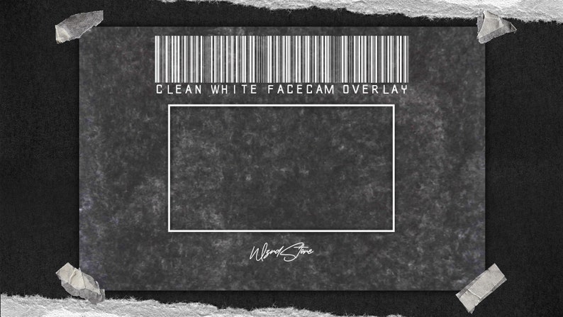 May include: A black and white image of a facecam overlay with a grunge texture. The overlay has a white rectangle for the camera feed and the text "CLEAN WHITE FACECAM OVERLAY" at the top. The text "Alex Stone" is written in white at the bottom.