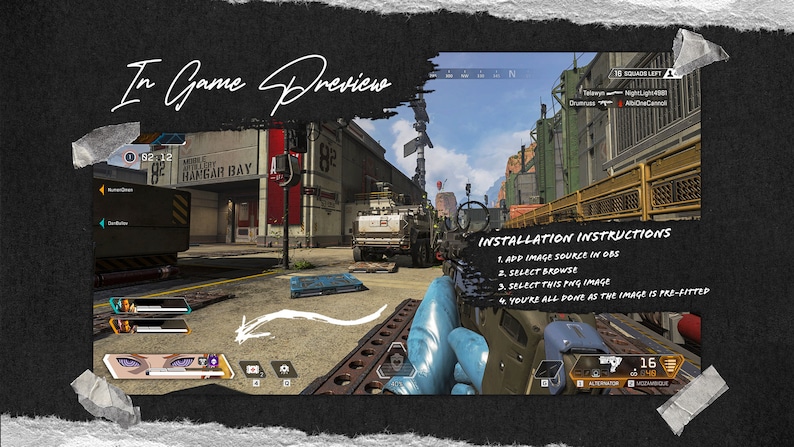 Op de afbeelding: Een screenshot van een videogame die een first-person perspectief laat zien van een speler die een blauw geweer vasthoudt. De speler bevindt zich in een stedelijke omgeving met gebouwen en een vrachtwagen op de achtergrond. De tekst "In Game Preview" staat bovenaan de afbeelding. De tekst "INSTALLATION INSTRUCTIONS" staat aan de rechterkant van de afbeelding met een lijst met instructies: "1. APP IMAGE SOURCE IN OBS", "2. SELECT BROWSE", "3. SELECT THIS PNG IMAGE", "4. YOU'RE ALL DONE AS THE IMAGE IS PRE-FITTED".