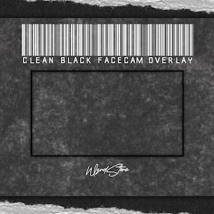 Peut inclure: Une superposition de webcam noire et blanche avec une texture grunge et un code-barres en haut. Le texte "CLEAN BLACK FACECAM OVERLAY" est écrit en lettres blanches. La superposition a un espace rectangulaire pour un flux de webcam.