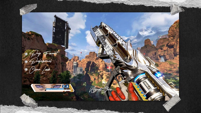 Op de afbeelding: Een close-up van een zilveren en blauwe videogamewapen met een futuristisch ontwerp. Het wapen wordt vanuit de eerste persoon gehouden, met een rotsachtig landschap op de achtergrond.