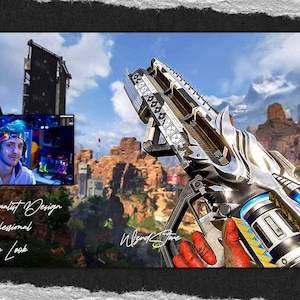 May include: A close-up view of a silver and blue video game weapon with a futuristic design. The weapon is held in the hand of a person playing a video game. The background shows a rocky landscape with a building in the distance. The text "Minimalist Design", "Professional", and "Clean Look" is visible in the lower left corner of the image. The text "Wrekt Stone" is visible in the lower right corner of the image.