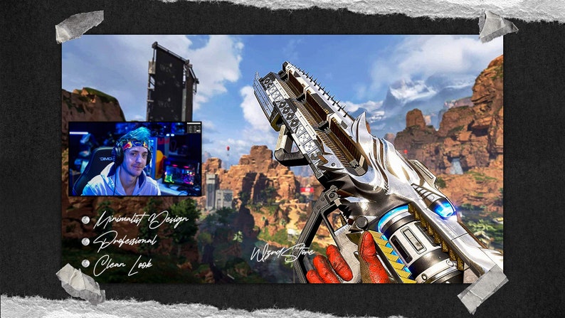 May include: A close-up view of a silver and blue video game weapon with a futuristic design. The weapon is held in the hand of a person playing a video game. The background shows a rocky landscape with a building in the distance. The text "Minimalist Design", "Professional", and "Clean Look" is visible in the lower left corner of the image. The text "Wrekt Stone" is visible in the lower right corner of the image.