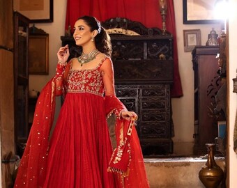 New Red Embroidered Anarkali Gown with Heavy Work for Wedding.