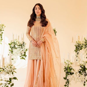 Designer Party Wear Look Top Plazzo & Dupatta Set Party Wear Indian Wedding Wear Bridal Wear. Peach