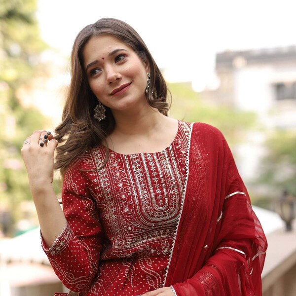Women Festive Wear Pure Cotton Red And White Anarkali Kurti With Pant & Dupatta 3 Pc Set