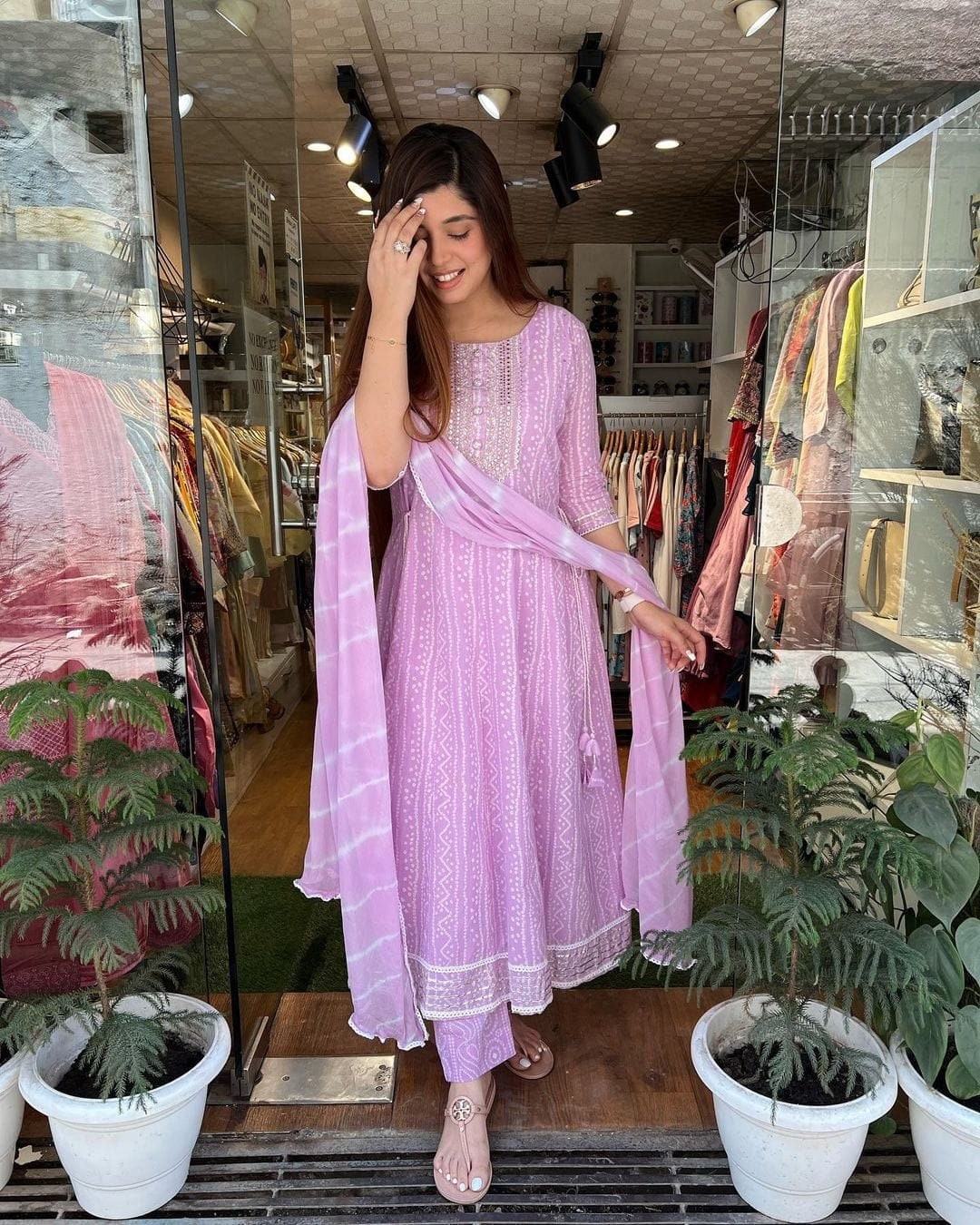 Lilac Bandhani Print Anarkali Suit With Lehariya Dupatta and - Etsy