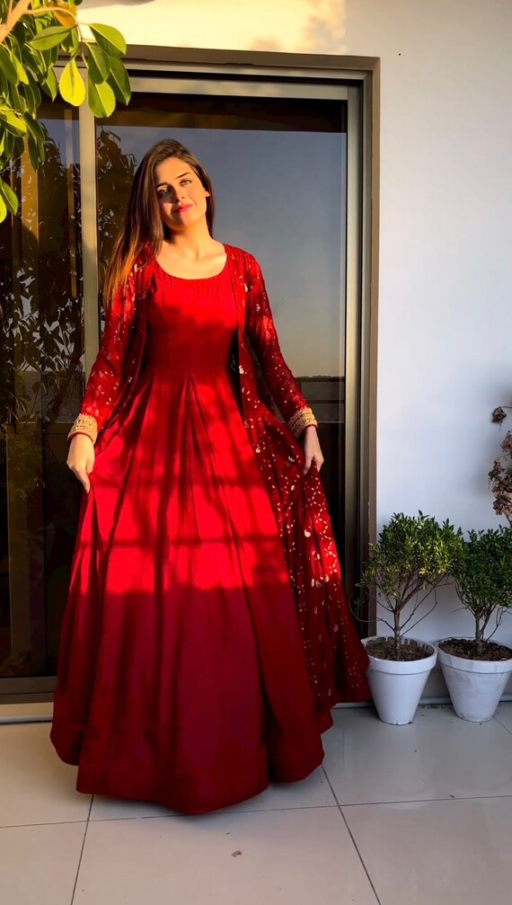 Indian Designer Georgette Red Long Gown With Embroidered Shrug - Etsy