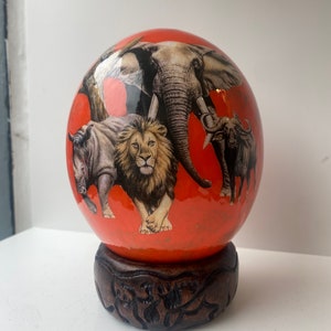 Decoupage Ostrich Egg handmade with the Big 5 Animals safari African home decor & handcarved wooden animal stand animal lover gift ornaments