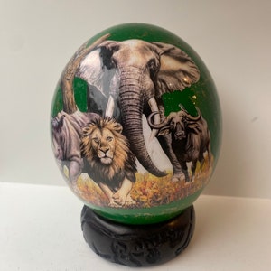 Decoupage Ostrich Egg handmade with the Big 5 Animals safari African home decor & handcarved wooden animal stand animal lover gift ornaments