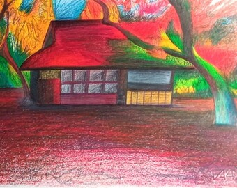 Original drawing with pastels Caran D'ache contemporary abstract landscape, japanese house, japan red maple decoration, wall art