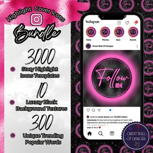 Instagram Highlight Covers, Neon Highlight Icons, Dark IG Story Icons, Pink Insta Highlights, Canva IG Templates, Luxury Black Insta bundle