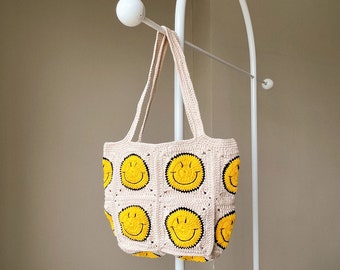 Smiley Face Crochet Bag, Shoulder Bag, Knit Bag