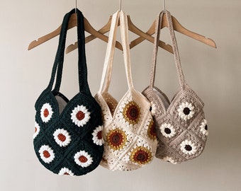 Crochet Tote Bag, Daisy Flowers Tote Bag, Knit Tote Bag