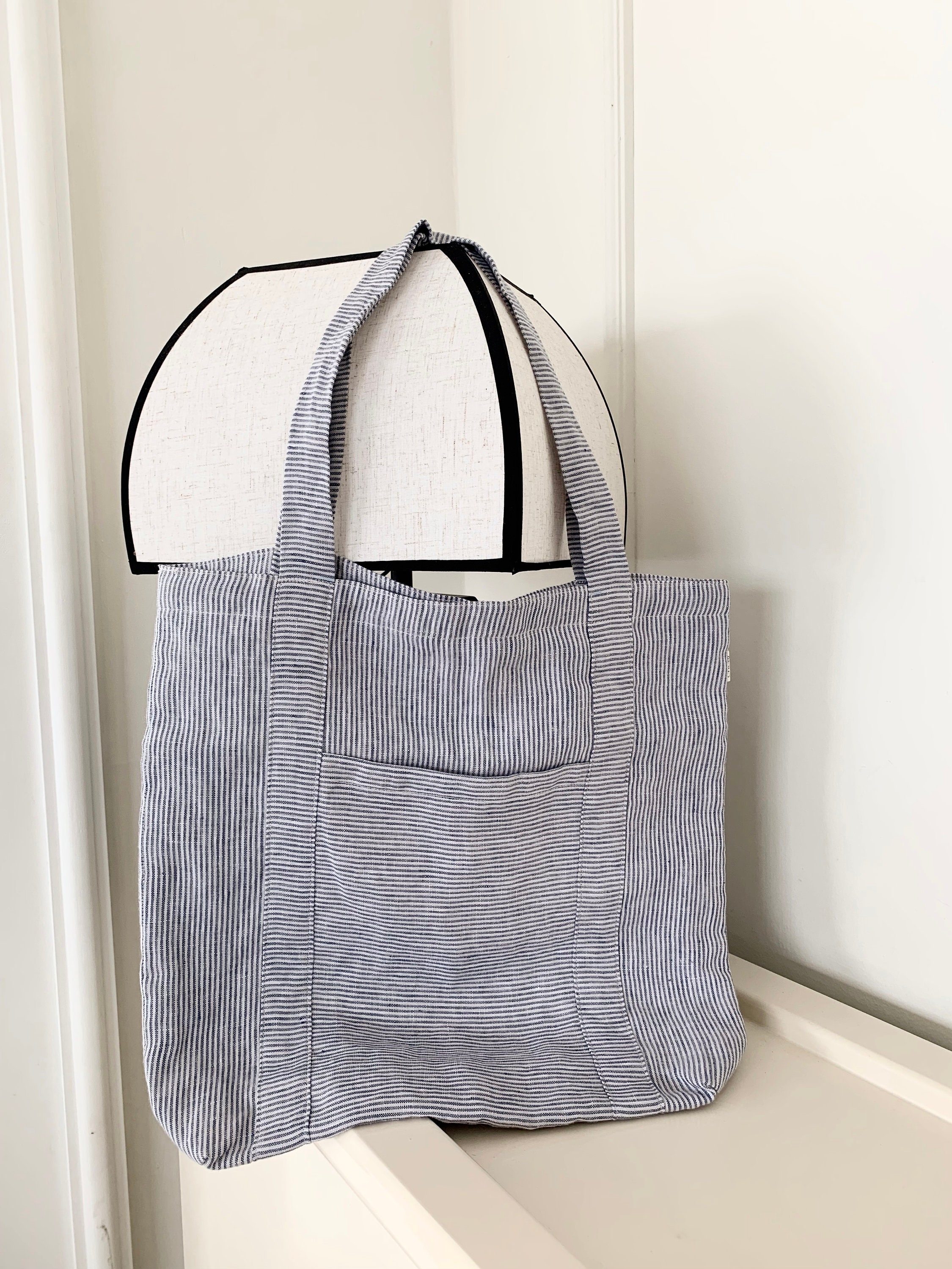 Double Layer Linen Tote Bag, Black Stripe Linen Tote Bag - Etsy