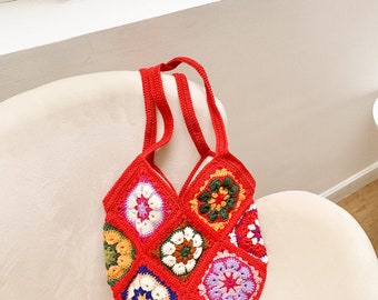 Crochet Tote bag, Red Crochet bag, Granny Square Crochet Tote Bag
