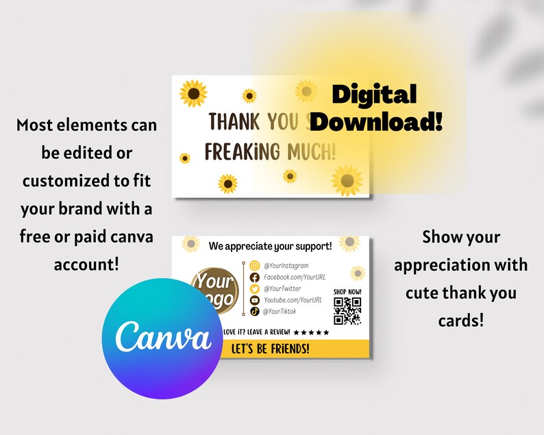 Sunflower Thank You Card Template for Small Business - Canva - Digital ...