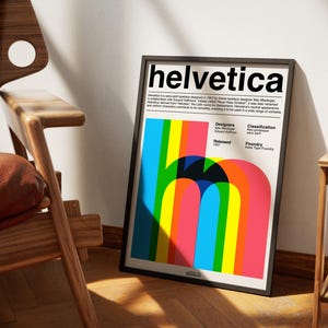 Könnte beinhalten: Ein gerahmtes Poster mit dem Wort "helvetica" oben. Das Poster zeigt ein farbenfrohes Design mit dem Buchstaben "h" in einem Regenbogen von Farben. Das Poster enthält auch Text über die Schriftart Helvetica.