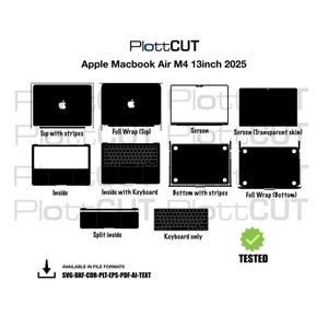May include: A black and white diagram of Apple Macbook Air M4 13inch 2025 skins. The diagram shows different skin options, including top, bottom, screen, and keyboard skins. The image also includes the text "TESTED" and file format options.