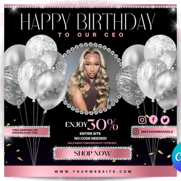 Birthday sale flyer, bday flyer template, CEO bday template, DIY bday flyer, bday girl template, canva editable template