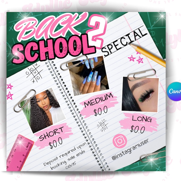 Back to school sale flyer | back to school hair flyer | back 2 school sale template | DIY canva template | braid special flyer | nail flyer