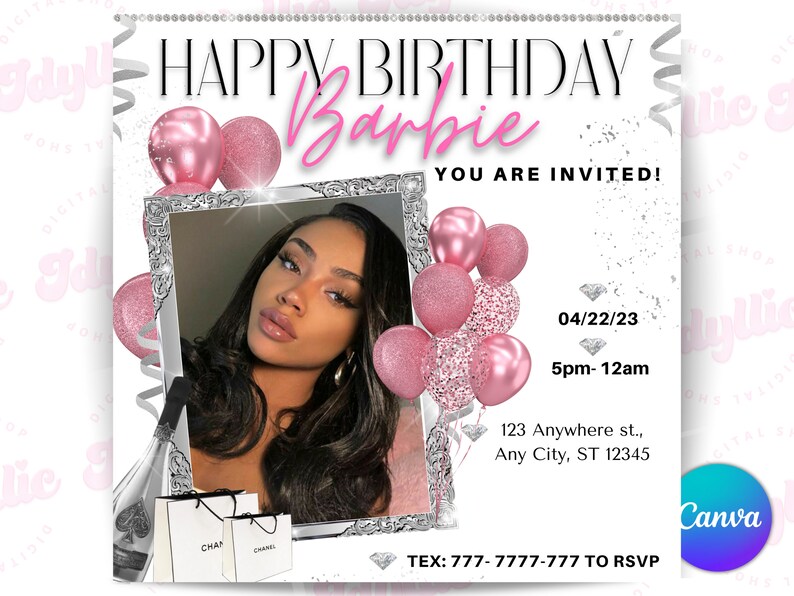 May include: A birthday party invitation with a silver and pink glitter background. The invitation says "Happy Birthday Barbie You Are Invited!" with a date and time of 04/22/23 5pm-12am. The invitation also includes an address and a phone number to RSVP.