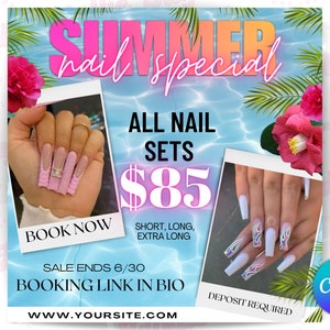 SUMMER SALE Flyer, Nail Sale Flyer, Juni Buchungsflyer, Haare, Wimpern, Nagel Makeup, Social Media Instagram, Editable Canva Template