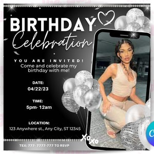 Plantilla de volante de celebración de cumpleaños / Plantilla de invitación a fiesta de cumpleaños DIY / Folleto de Canva editable / Folleto de cumpleaños plateado