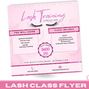 lash training flyer, lash tech class, lash flyer template, edit on canva, lash master class flyer, lash class template, lash course