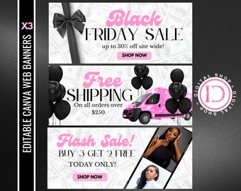 Black Friday web banner set, Shopify banner templates, Pre-made website design, Fashion web banners, Canva template, Black Friday sale flyer