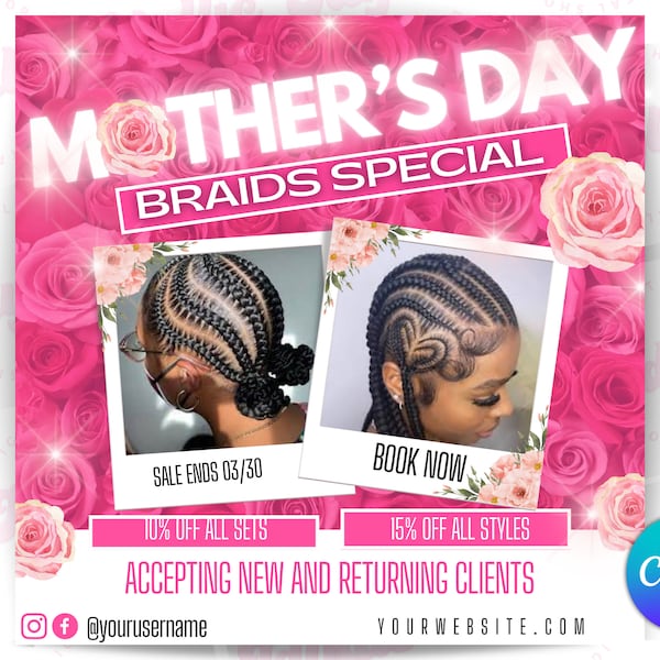 Mother’s Day braids flyer, May Booking flyer, canva editable template, braids sale flyer, hair flyer, make up flyer, May booking flyer