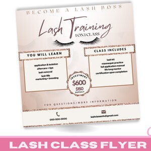 Könnte beinhalten: Ein rosa-goldener Flyer, der einen Wimpern-Trainingskurs bewirbt. Der Flyer enthält den Text "Become a Lash Boss", "Lash Training", "You Will Learn" und "Class Includes". Der Flyer enthält auch einen Preis von 600 $ mit einer Anzahlung von 150 $.