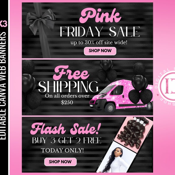 Black Friday web banner set, Shopify banner templates, Pre-made website design, Fashion web banners, Canva template, Black Friday sale flyer