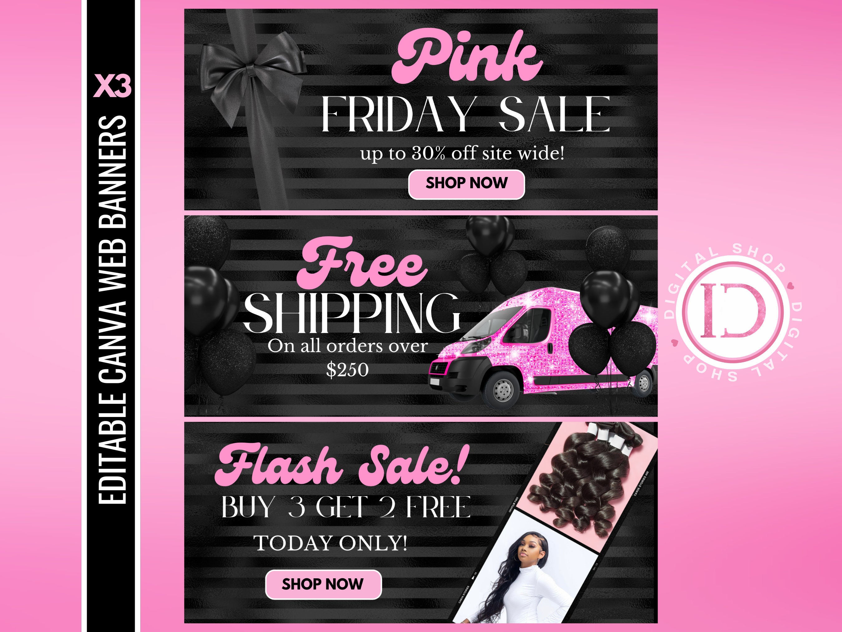 Black Friday web banner set, Shopify banner templates, Pre-made website design, Fashion web banners, Canva template, Black Friday sale flyer