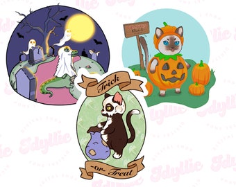 Spooky Halloween Clip Art Bundle: Ghost, Cat, Pumpkin (PNG)