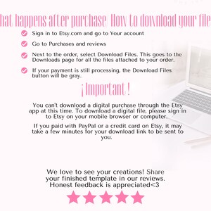 Pu&ograve; includere: Un laptop bianco con un segno di spunta rosa accanto al testo "Accedi a Etsy.com e vai al tuo account". Il testo "Importante!" &egrave; in rosa e il testo "Non puoi scaricare un acquisto digitale tramite l'app Etsy in questo momento. Per scaricare un file digitale, accedi a Etsy sul tuo browser mobile o computer." &egrave; in nero. Il testo "Ci piace vedere le tue creazioni! Condividi il tuo modello finito nelle nostre recensioni. Il feedback onesto &egrave; apprezzato <3" &egrave; in nero. Cinque stelle rosa sono sotto il testo.