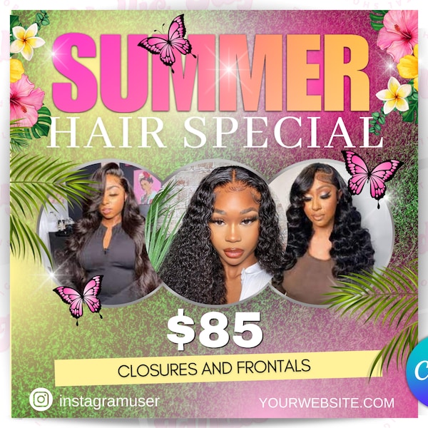 Summer hair flyer, braids special flyer, summer sale flyer, canva template, hairstylist flyer